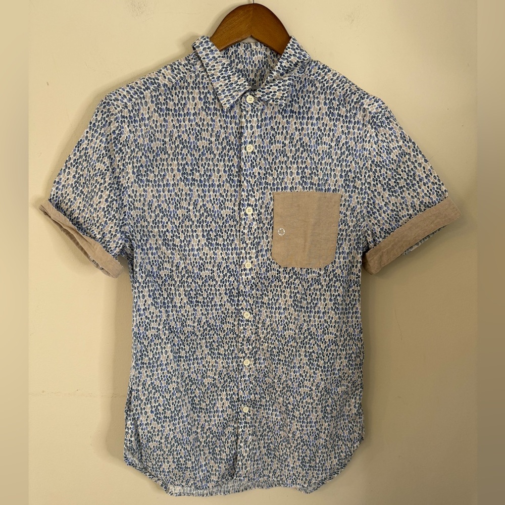 WON contemporary short sleeve button up blue tan white leaf pattern SZ medium